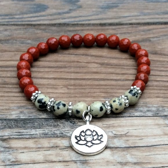Red Jasper bracelet with Lotus charm, Dalmatian Jasper, crystal healing - Picture 1 of 9